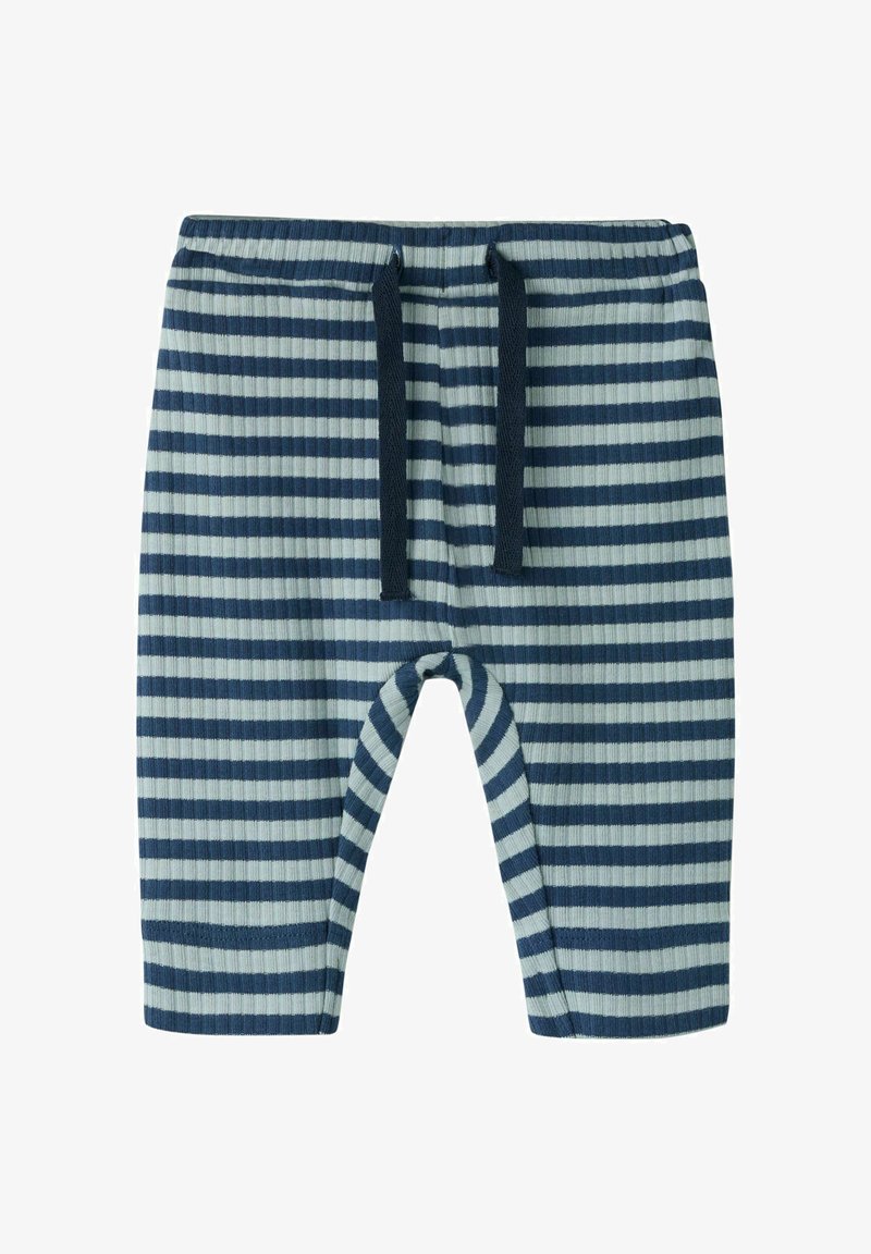 Pantalon bébé rayé horizontal bleu et blanc avec taille élastique et cordon bleu foncé, texture de tissu côtelé.