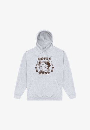 Szara bluza z kapturem i kieszenią z przodu, z brązowym wzorem Betty Boop otoczoną sercami. Posiada regulowany kaptur oraz ściągacze przy mankietach.