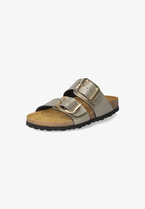 Grau Slide-Sandale mit zwei breiten Riemen, ausgestattet mit goldfarbenen Schnallen. Korkfußbett und strukturierte schwarze Gummisohle für besseren Halt.