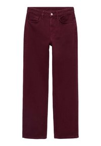 Jean bordeaux en coton, avec une coupe droite, un style à cinq poches et une fermeture à bouton à la taille.