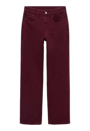 Burgundy jeans made of cotton, featuring a straight-leg design, five-pocket styling, and a button closure at the waistband.