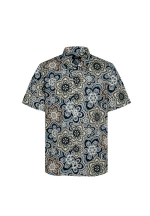 Camicia a maniche corte con un vivace motivo floreale in blu, verde e tonalità neutre, realizzata in tessuto leggero e con un colletto.