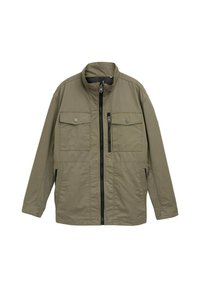 Olivgrüne Jacke mit hohem Kragen, Reißverschluss und zwei oberen Klappentaschen. Aus strukturiertem Stoff und mit seitlichen Taschen.