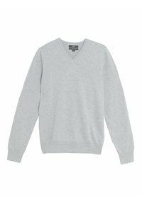 Lichtgrijze lange mouwen V-hals trui met ribgebreide manchetten en zoom, plat weergegeven op een witte achtergrond.