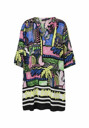 Bunte übergroße Bluse mit einem gemischten Muster aus Palmen und geometrischen Formen in Pink, Grün, Blau und Schwarz sowie einem tiefen V-Ausschnitt.