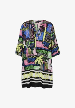 Bunte übergroße Bluse mit einem gemischten Muster aus Palmen und geometrischen Formen in Pink, Grün, Blau und Schwarz sowie einem tiefen V-Ausschnitt.