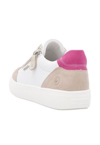 White sneaker with beige and pink suede accents, textured rubber sole, side zipper, and logo detail on the heel.