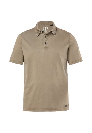 Polo beige a maniche corte con colletto e tre bottoni neri sulla patta, realizzata in tessuto morbido.
