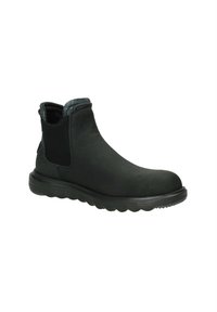 Stivale alla caviglia nero con esterno in suede, pannelli laterali elastici e colletto in tessuto testurizzato. Presenta una suola in gomma con motivo a onda per una presa sicura.