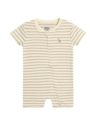 Kremowy krótkim rękawem kombinezon niemowlęcy z cienkimi szarymi poziomymi paskami i małą haftowaną żyrafą na piersi, zapinany z przodu na zatrzaski.