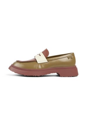 Brown and olive green loafers with a glossy finish, featuring a cream strap accent and textured rubber sole. Classic design with modern elements.