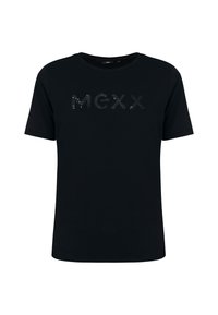 Černé tričko z bavlny, s kulatým výstřihem a krátkými rukávy, zdobené flitrovým logem "MEXX" na přední straně.