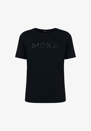 Zwarte t-shirt van katoen, met een ronde hals en korte mouwen, versierd met een pailletten logo "MEXX" op de voorkant.
