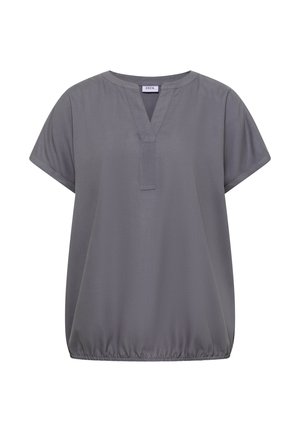 Šedá krátký rukáv halenka s výstřihem do V, elastickým lemem a štítkem s nápisem "Cecil" u výstřihu.