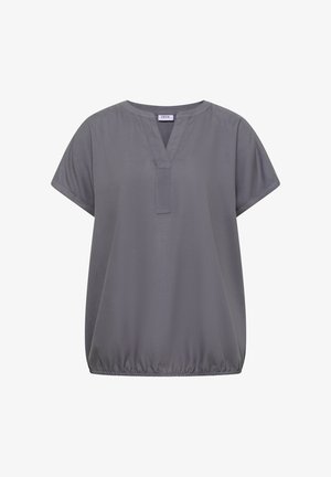 Grijze blouse met korte mouwen, V-halsuitsnijding, elastische zoom en label met de tekst "Cecil" bij de halslijn.