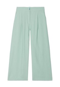 Light mint green wide-leg pants made of a soft fabric. Features a button closure and front pleats, with a smooth, matte texture.