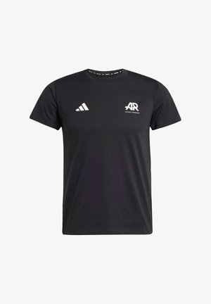 Black short-sleeve t-shirt made of smooth fabric. Features white Adidas logo on the left chest and three stripes on the left shoulder.