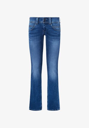 Vaqueros azul denim de corte bootcut con bolsillos delanteros, cierre de doble botón y ligero desgaste en los muslos y las rodillas.