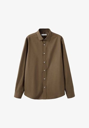Bruin shirt met lange mouwen gemaakt van stof met een gladde textuur. Voorzien van een klassieke kraag en een knoopsluiting met contrasterende knopen.