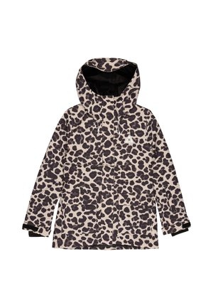 Gewatteerd jack met zwart-witte luipaardprint, lange mouwen, voorzakken en een klein driehoekig logo op de borst.