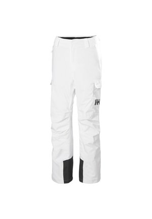 Pantalones de esquí blancos con detalles en negro, fabricados con material impermeable. Presentan bolsillos tipo cargador y un diseño de pierna recta. Logo en el muslo izquierdo.