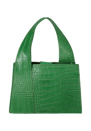 Groene handtas met krokodillenstructuur, vierkante vorm en brede handgreep, ontworpen om met de hand of over de schouder te dragen.