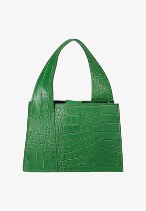 Borsa verde con texture a coccodrillo, corpo quadrato e manico largo, progettata per essere portata a mano o a spalla.