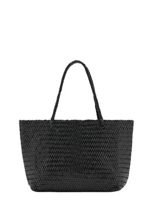 Sac cabas noir tissé avec deux anses tressées, forme rectangulaire et motif texturé, présenté sur un fond blanc uni.