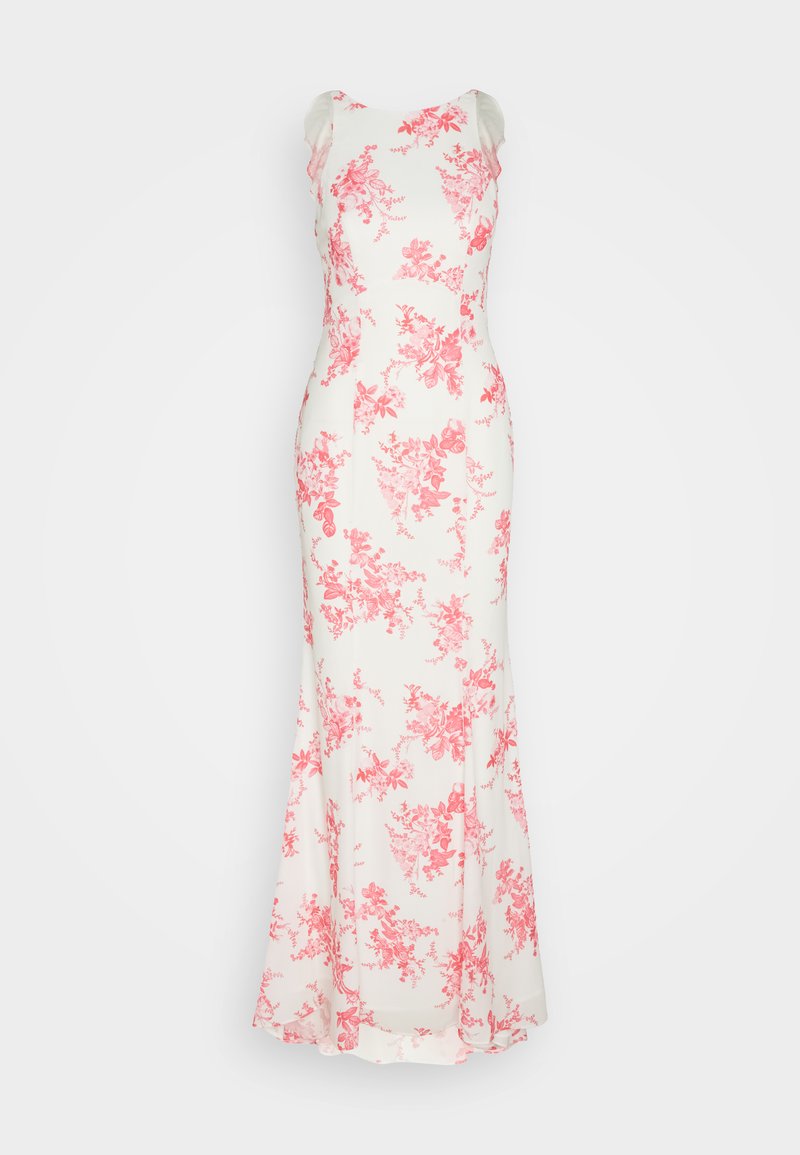 Robe blanche sans manches, longue jusqu'au sol, avec une taille cintrée et un imprimé floral rose, avec des détails froncés aux épaules.