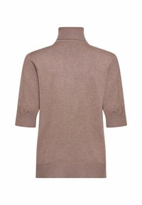 Pulover scurt cu mâneci scurte, de culoare maro, cu guler înalt și margini ribbate. Textură moale, tricotată, cu un design ajustat și cusături minime.