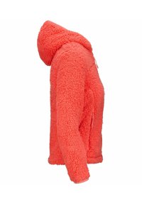 Felpa con cappuccio in microfibra corallina con una superficie morbida e pelosa; dotata di cappuccio e tasche con zip; progettata per calore e comfort.