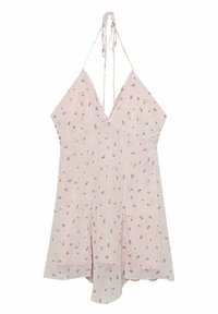 Vestido floral rosa con escote en V, tirantes finos y un dobladillo fluido. Presenta pequeños patrones de flores azules y marrones sobre un tejido suave y ligero.