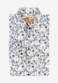 Weißes Hemd mit schwarzem Paisleymuster, Button-Down-Kragen, Brusttasche und orangefarbigem Etikett. Glattes Gewebe mit regulärer Passform.