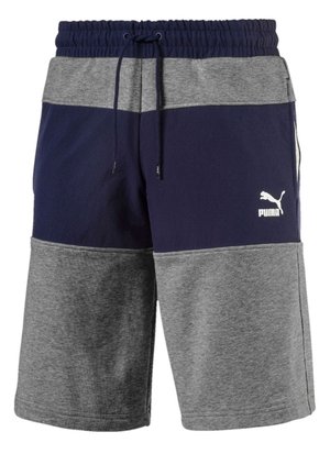 Shorts pour hommes avec taille élastique et cordon, bicolore bleu marine et gris, avec un logo Puma blanc sur la jambe droite.