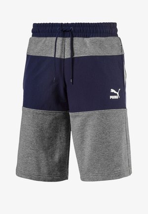 Shorts pour hommes avec taille élastique et cordon, bicolore bleu marine et gris, avec un logo Puma blanc sur la jambe droite.