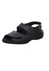 Black open-toe sandal with two wide straps, adjustable buckle, and a cushioned sole. Made of smooth synthetic material, contoured for comfort.
