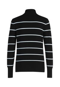 Schwarzer Strickpullover mit hohem Kragen, der hellblaue horizontale Streifen aufweist. Lange Ärmel, schmale Passform und weiche Textur.