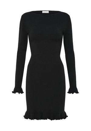 Fekete, hosszú ujjú, testhez simuló ruha hajónyakkivágással, fodros mandzsettákkal és szegéllyel, térd hosszúságú, egyszínű anyagú.