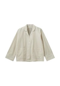 Cămașă deschisă bej, cu dungi verticale subțiri, dou�ă buzunare frontale, mâneci lungi și guler cu colturi. Textură moale a materialului.