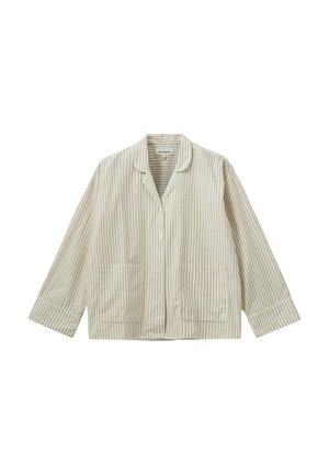 Vaalean beige nappipusero, jossa on ohuita pystysuoria raitoja, kaksi etutaskua, pitkät hihat ja lovellinen kaulus. Pehmeä kangasteksti.