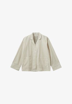 Camicia button-up beige chiaro con sottili righe verticali, due tasche frontali, maniche lunghe e colletto a punte. Tessuto morbido.