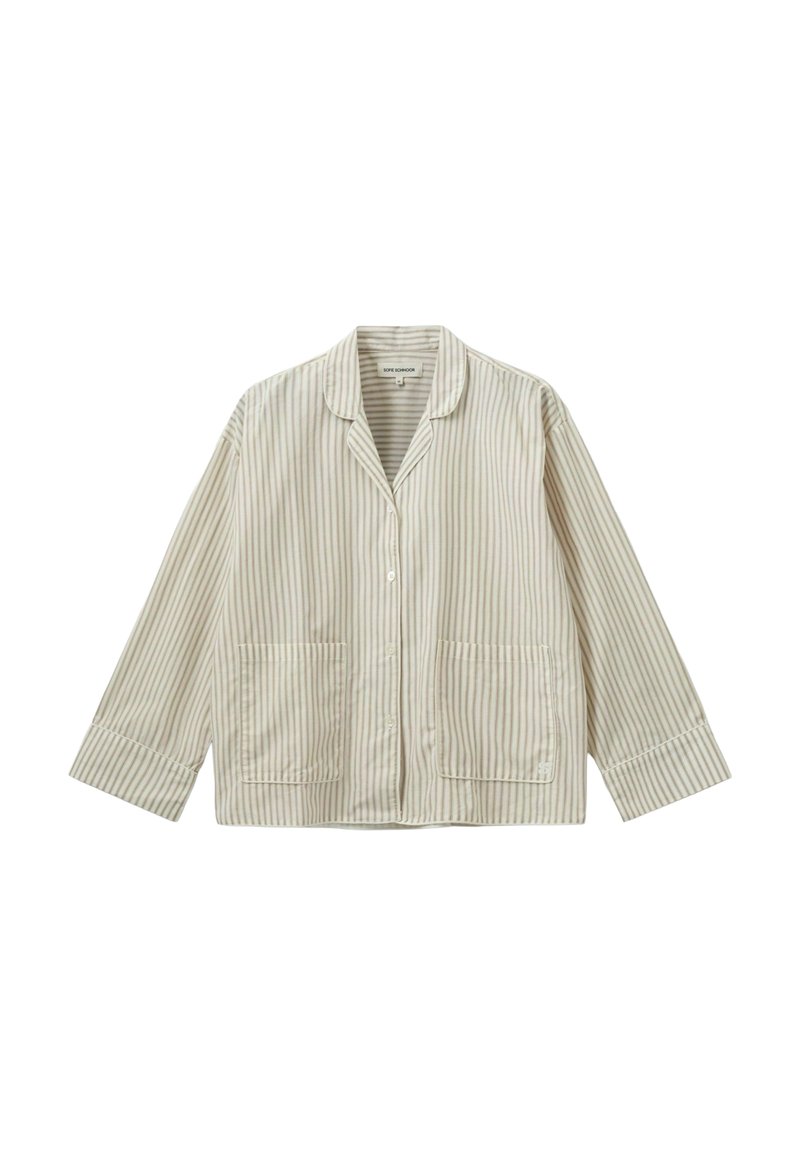 Cămașă deschisă bej, cu dungi verticale subțiri, două buzunare frontale, mâneci lungi și guler cu colturi. Textură moale a materialului.