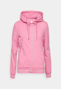 Rosa zip-up hoodie i mjukt tyg, har en dragsko i huppan, silverdetaljer vid fållen och ärmarna, samt en grafisk tryck på bröstet.