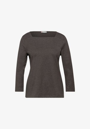 Czarna szara bluzka z długim rękawem o prostokątnym dekolcie, wykonana z miękkiego materiału, charakteryzująca się luźnym krojem i brakiem widocznych wzorów lub akcentów.