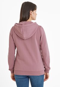 Purple hooded sweatshirt with long sleeves, ribbed cuffs, and waistband. Cotton blend material with a smooth texture. Viewed from the back.