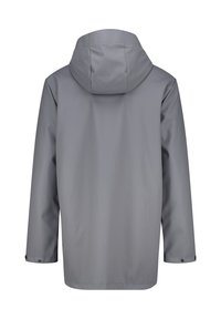 Giacca impermeabile grigia con cappuccio, caratterizzata da una texture liscia, maniche lunghe e dettagli con bottoni automatici ai polsini. Vista posteriore mostrata.