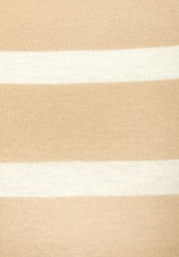 Striped fabric with alternating bands of light beige and cream. Soft, textured knit with a fine rib pattern. Vertical orientation.