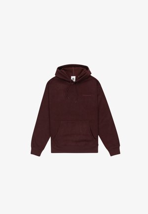 Burgundy hooded sweatshirt in soft fabric with a front pouch pocket, drawstring at the hood, and subtle branding on the chest.