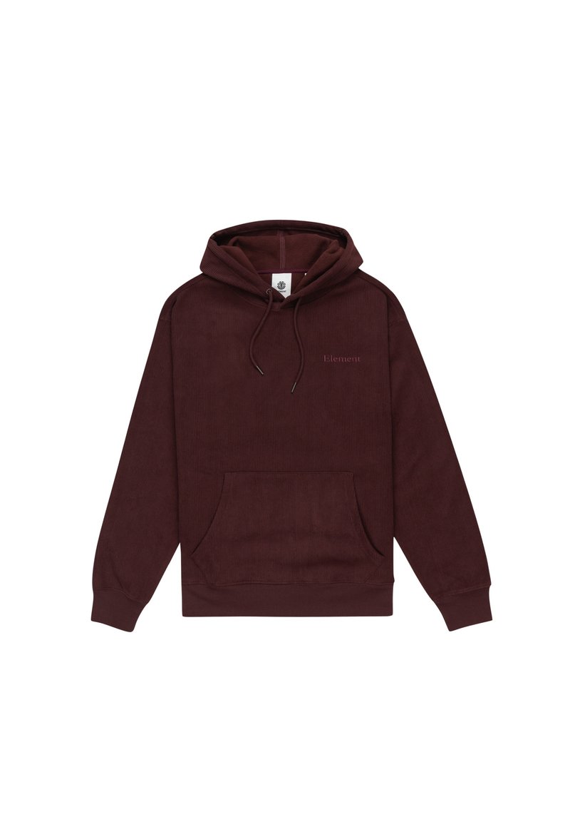 Bordeaux hoodie van zachte stof met een voorzak, trekkoord bij de capuchon en subtiele branding op de borst.