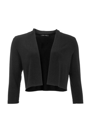 Sort cropped cardigan med åben front, lange ærmer og en blød tekstur. Har et minimalistisk design uden knapper eller mønstre.